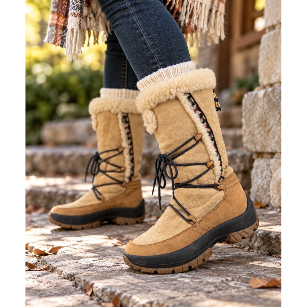 Ulu Crow Women's 8.5 Shearling Leather Boots Tan Lace Up Après Ski Boho